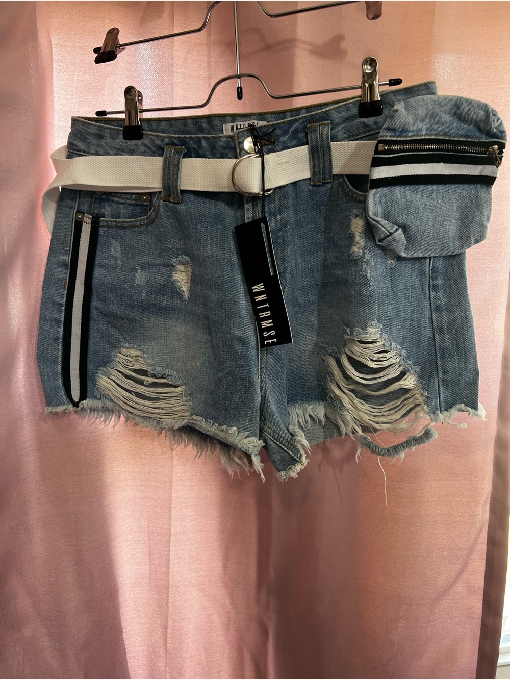 WNTRMSE Light Wash Denim Shorts with White Web Belt